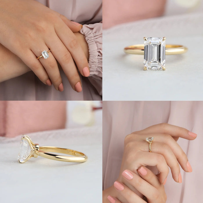 [Emerald Cut Solitaire Lab Diamond Engagement Ring In Yellow Gold]-[Ouros Jewels]