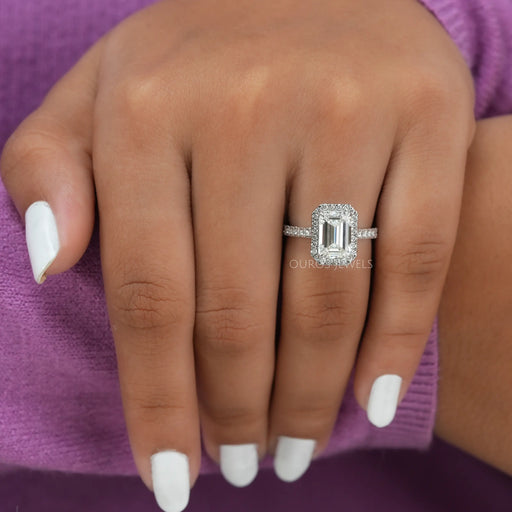 [14k White Gold Emerald Cut Lab Diamond Halo Engagement Ring]-[Ouros Jewels]