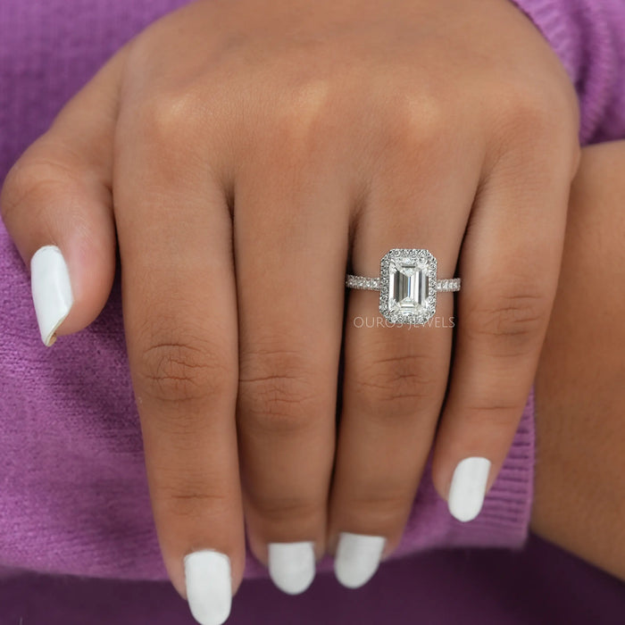 [14k White Gold Emerald Cut Lab Diamond Halo Engagement Ring]-[Ouros Jewels]