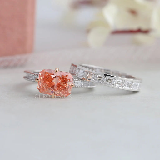 [Fancy Pink Radiant Cut Diamond Ring With Matching Eternity Diamond Band]-[Ouros Jewels]