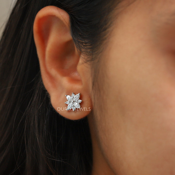 Cluster Diamond  Marquise Stud Gold Earrings