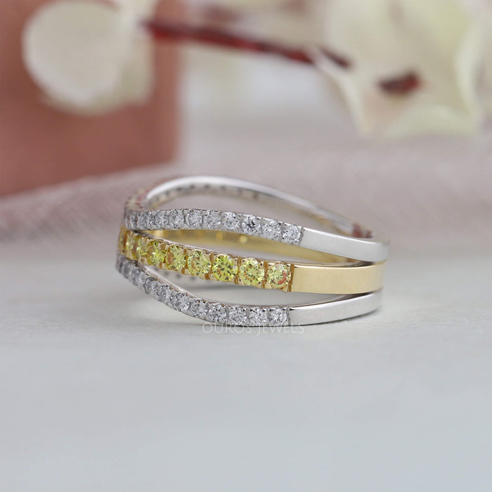[White and Yellow Gold 3 Row Round Diamond Eternity Band]-[Ouros Jewels]