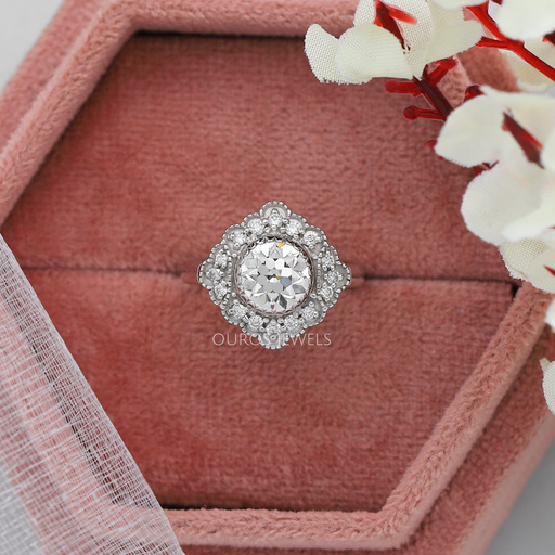 [14k White Gold Art Deco Halo Round  Diamond  Engagement Ring]-[Ouros Jewels]