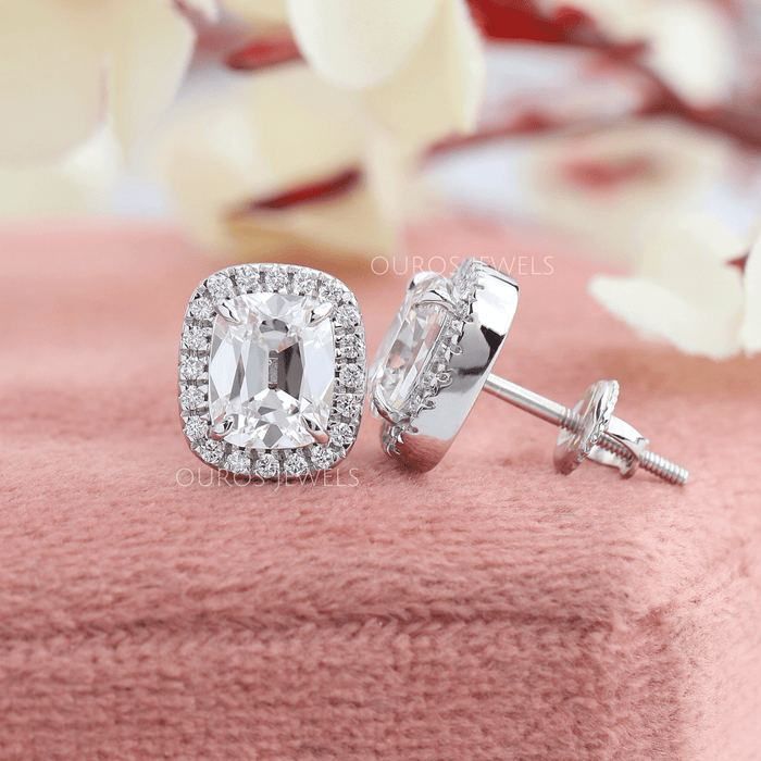 [Sparkling View Of Old Mine Cushion Cut Halo Stud Earrings]-[Ouros Jewels]