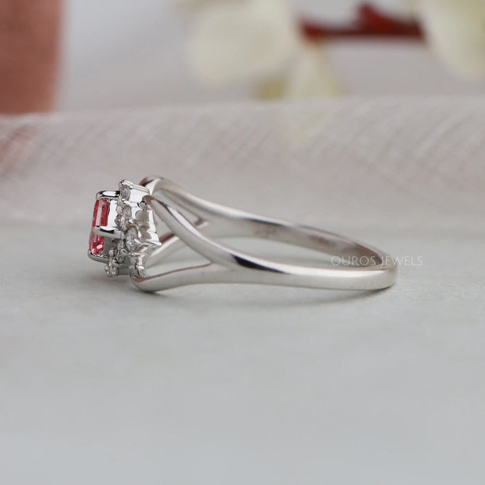 [14K White Gold Split Shank Halo Diamond Engagement Ring]-[Ouros Jewels]
