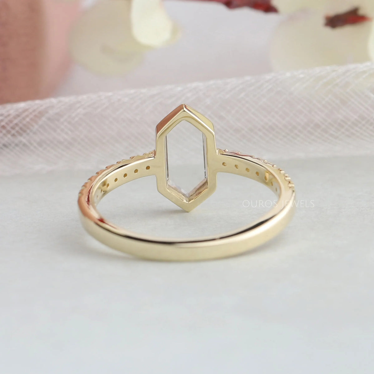 Hexagon Long Portrait Cut Diamond Solitaire Accent Ring