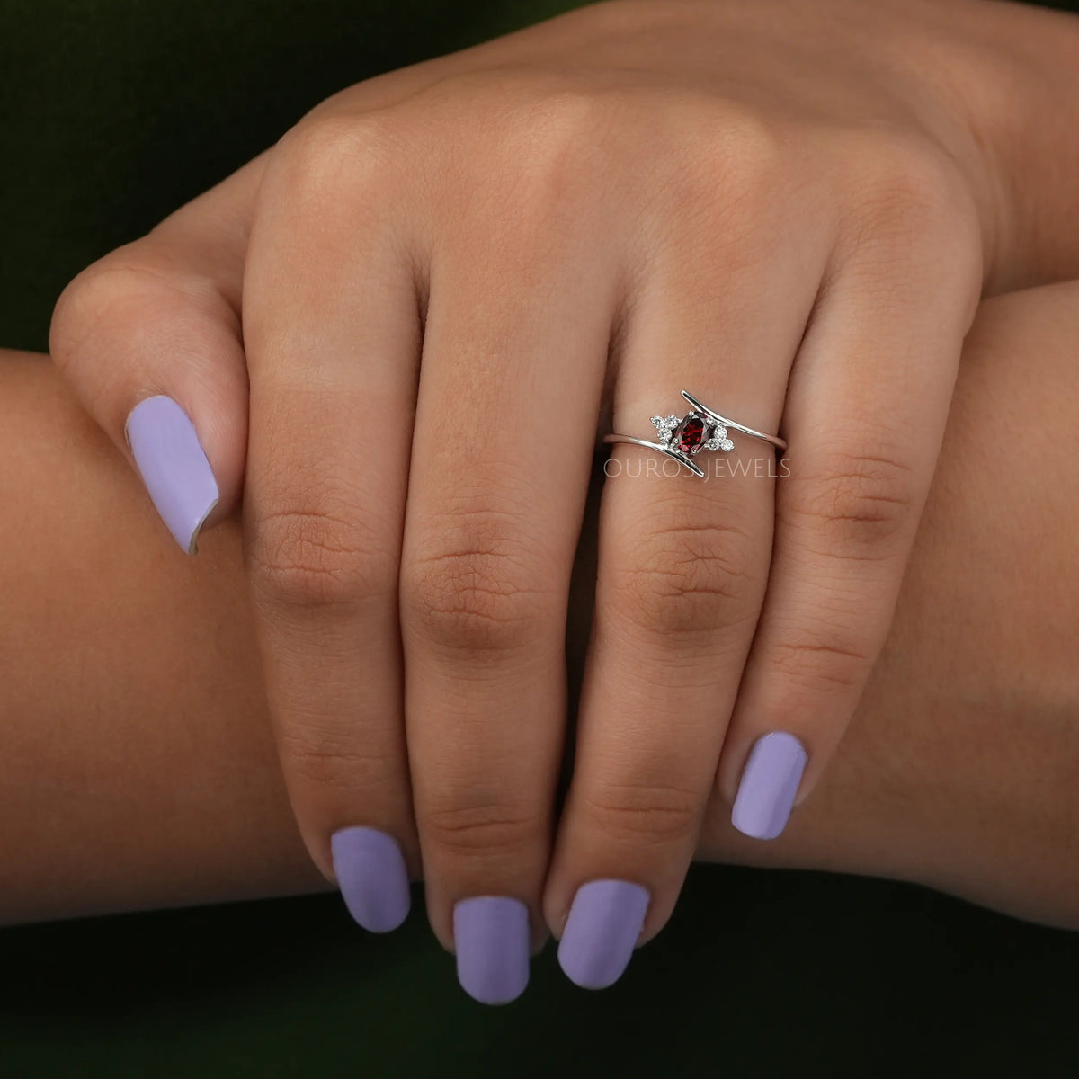 Red Oval Cut Lab Diamond Bypass Ring
