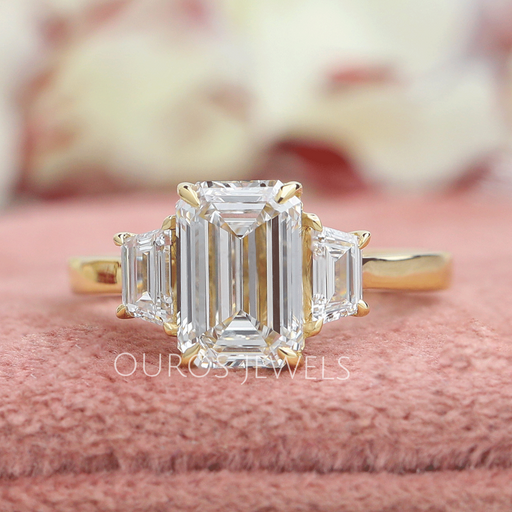 [3 Stone Emerald Cut Lab Grown Diamond Engagement Ring In Yellow Gold]-[Ouros Jewels]