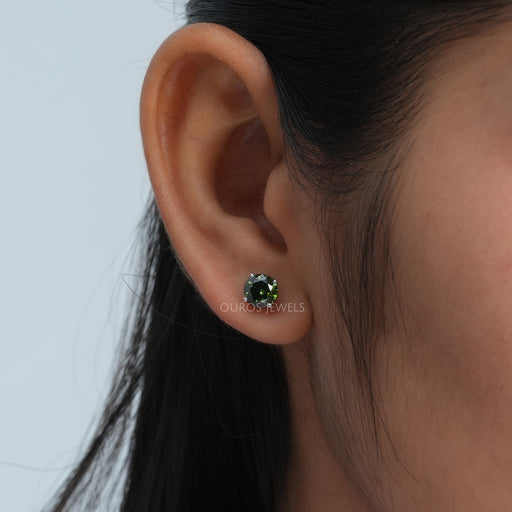 [Green Round Cut Diamond Stud Earrings]-[Ouros Jewels]