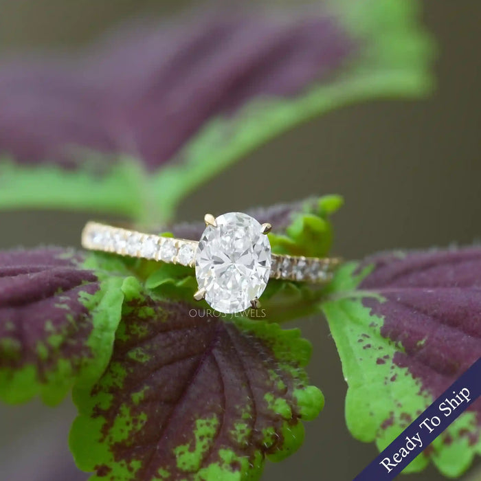 [Oval-Cut Solitaire Diamond Ring on a leaf]-[Ouros Jewels]