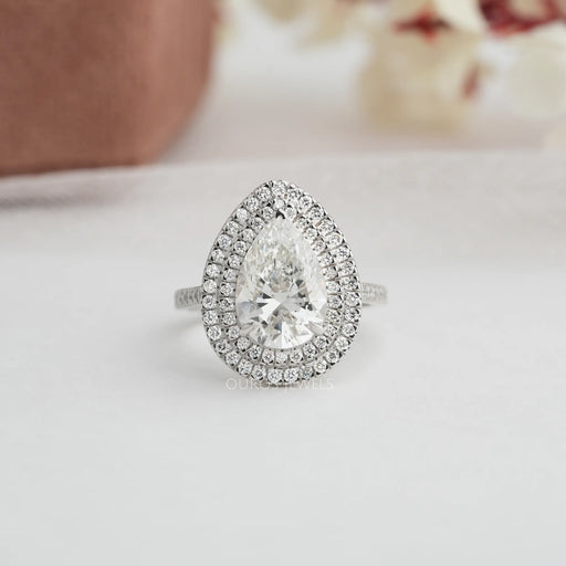 [3.50 Carat Pear Shaped Diamond Double Halo Engagement Ring]-[Ouros Jewels]