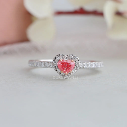 [Pink Heart Shaped Diamod Halo Engagement Ring]-[Ouros Jewels]