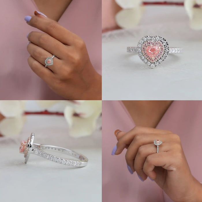 [Pink Heart Shape Double Halo Colored Diamond Diamond Engagement Ring]-[Ouros Jewels]
