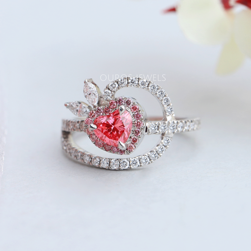 [Unique Heart Shape Diamond Engagement Ring With Halo]-[Ouros Jewels]