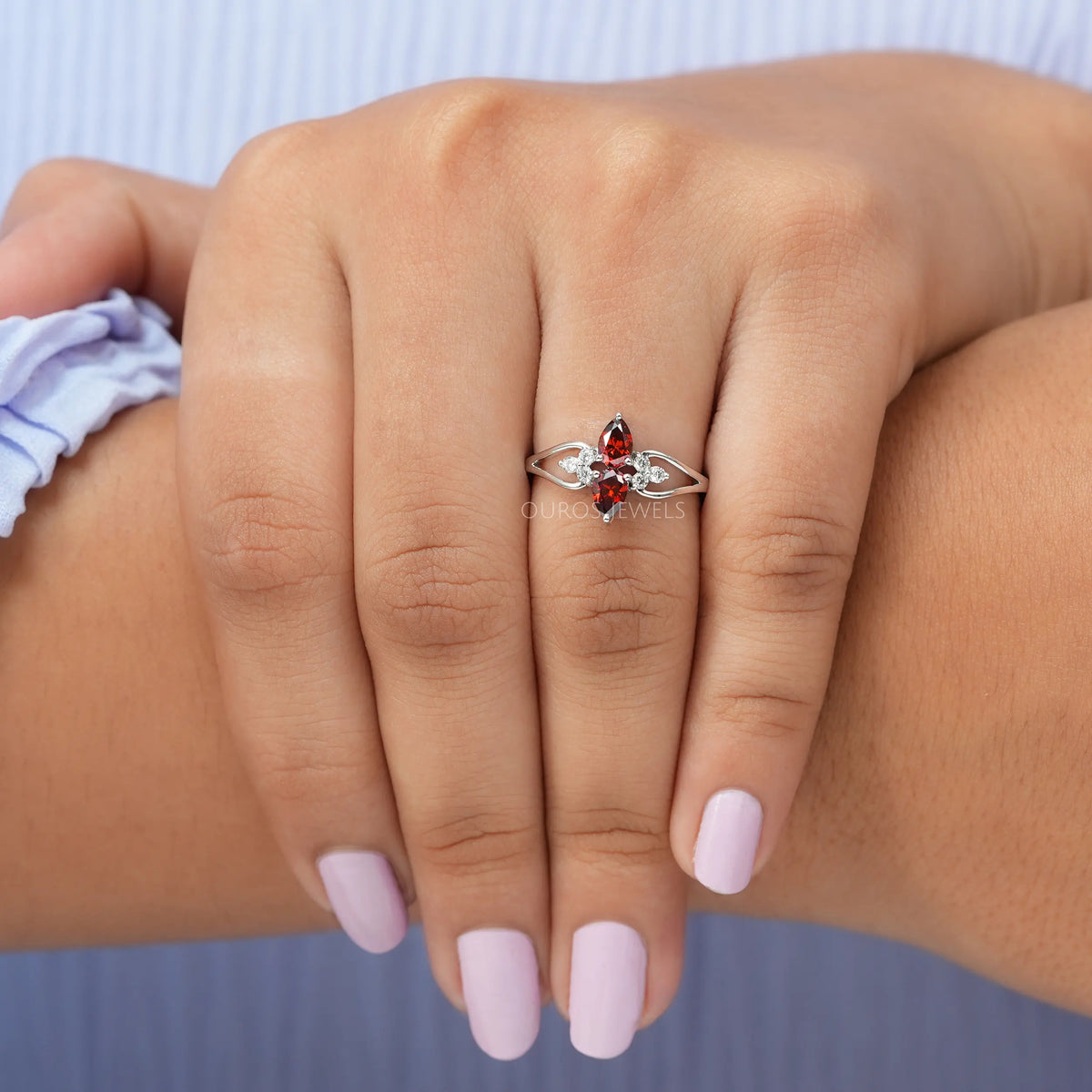 Two Stone Red Pear Diamond Dainty Ring