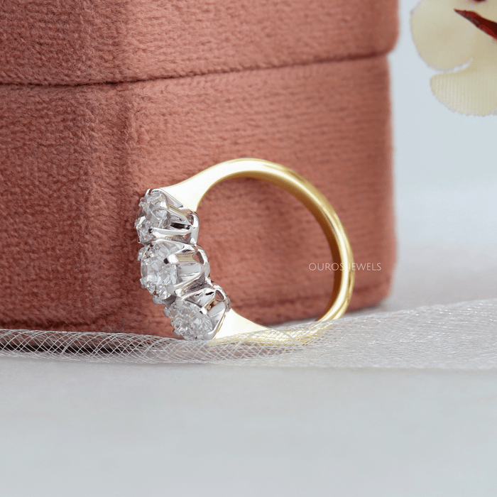[14k Solid Yellow Gold Three Stone Round Cut Engagement Ring]-[Ouros Jewels]