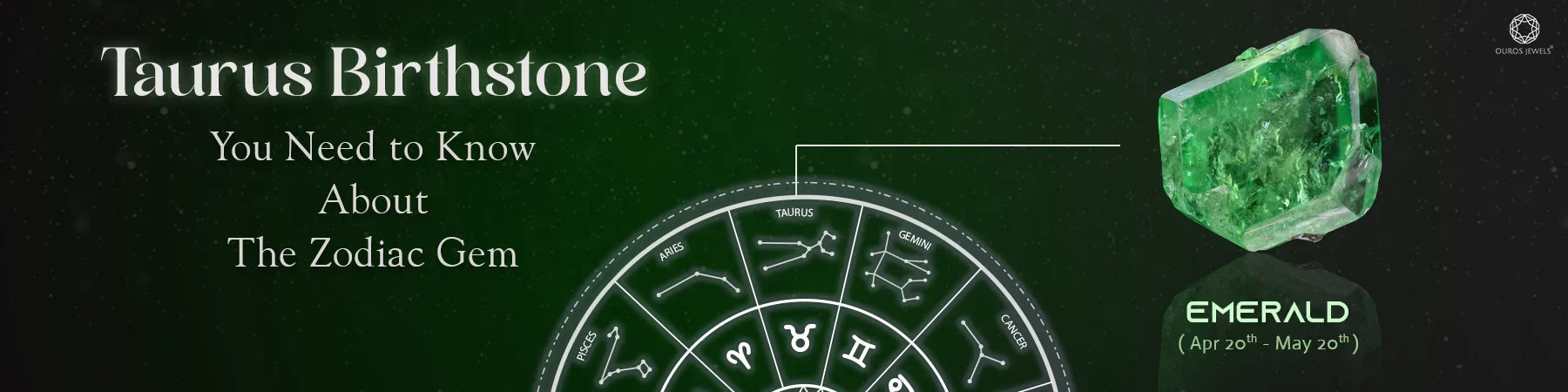 Taurus Birthstone: Learn about the zodiac gem Emerald, symbolizing growth and prosperity for those born between April 20th and May 20th. Image shows an emerald with a circular zodiac chart highlighting Taurus