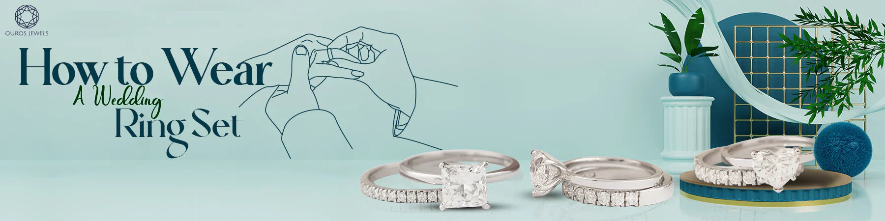 Image showing various engagement rings and diamond bands with text highlighted how to wear a wedding ring set