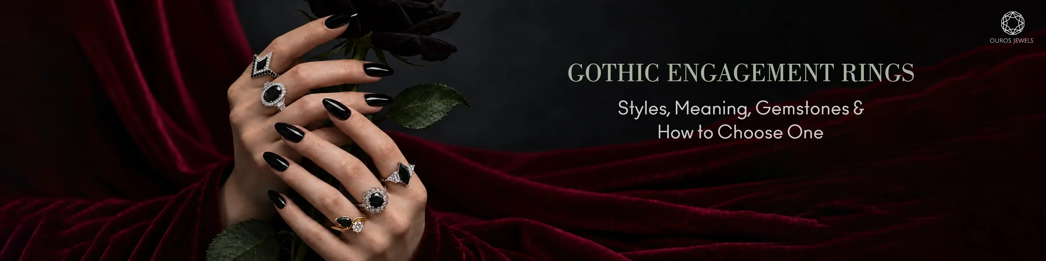 Black diamond gothic engagement rings on hands holding a dark rose