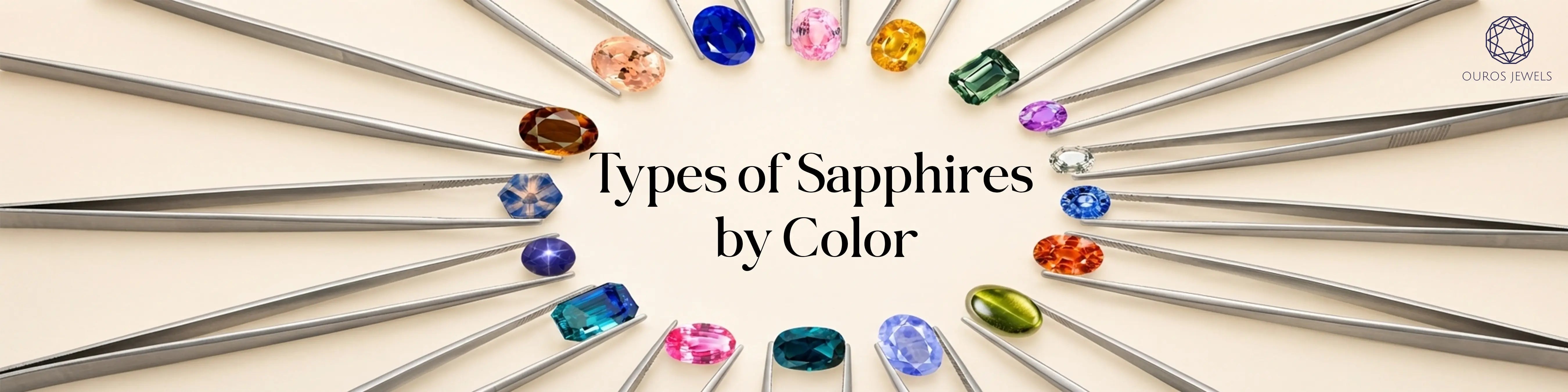 Sapphires in various colors held in tweezers around the title “Types of Sapphires by Color.”
