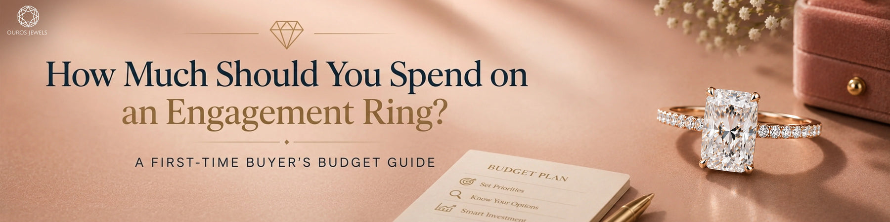 Elegant diamond engagement ring beside a jewelry box and budget planner, highlighting tips for choosing an engagement ring budget.