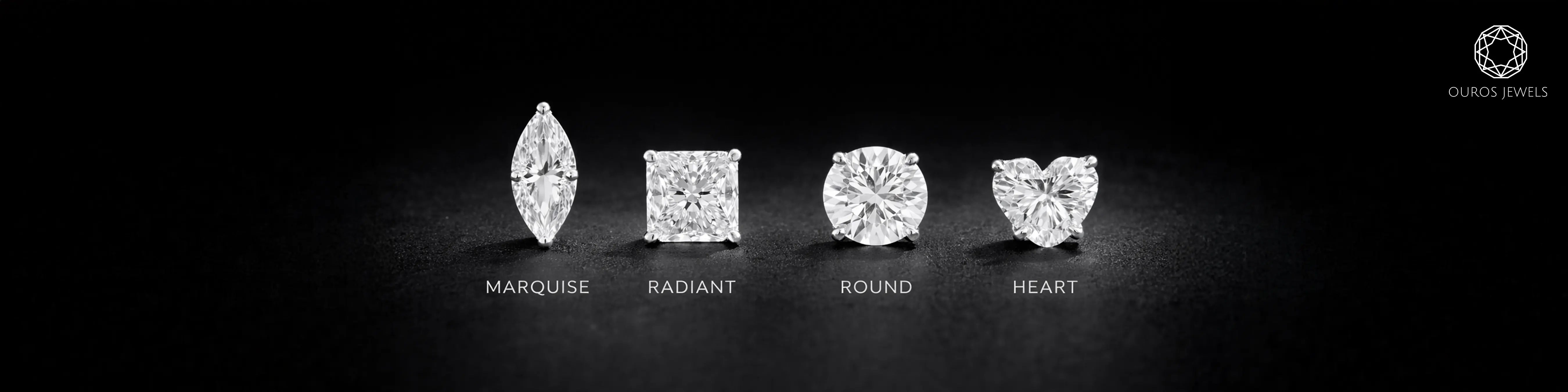 Four diamond shapes comparison: Marquise, Radiant, Round, and Heart cut lab grown diamond stud earrings