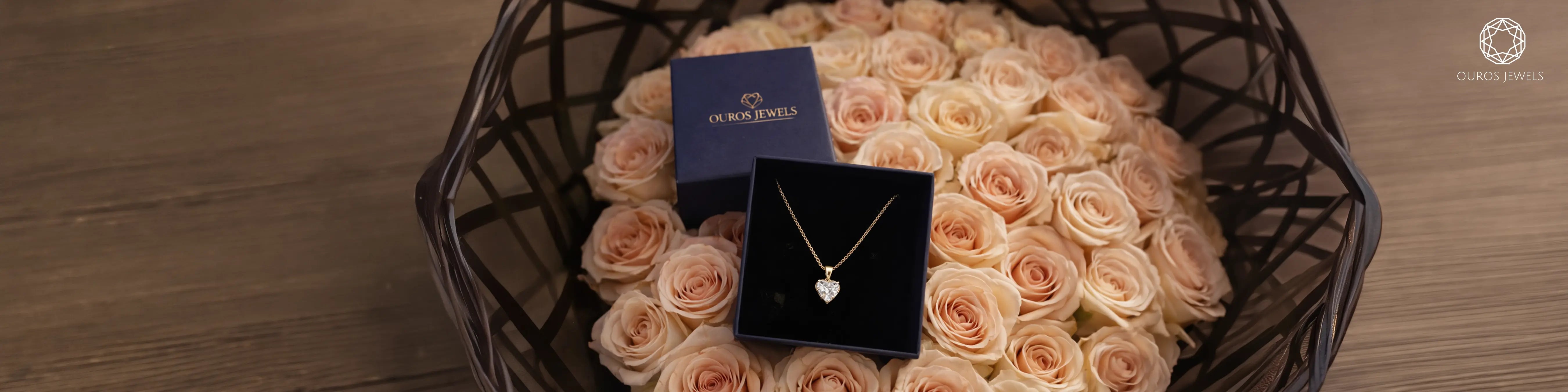 Heart diamond lab grown pendant necklace in gold by Ouros Jewels in navy gift box with roses