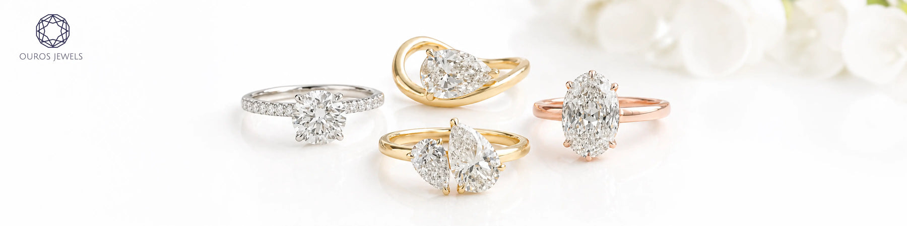 Elegant lab grown diamond engagement rings featuring round oval pear and toi et moi cuts in white yellow and rose gold settings