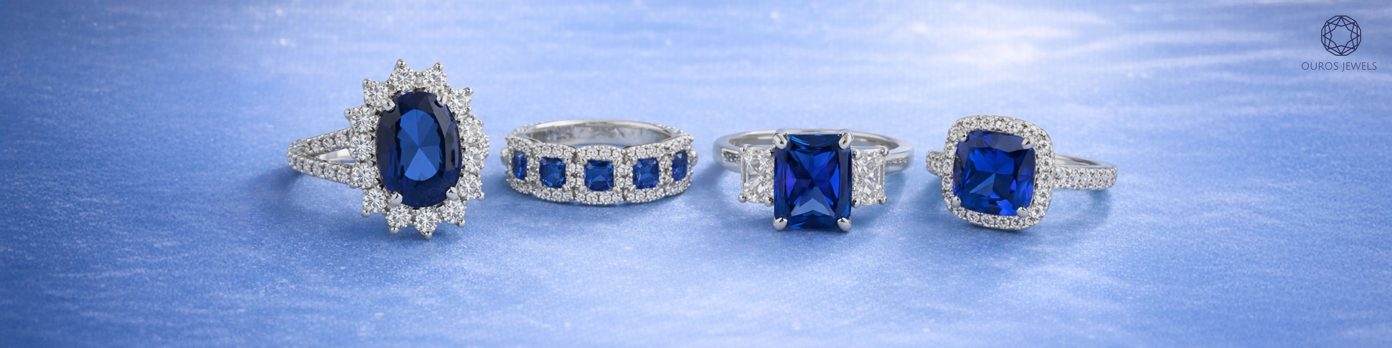 Unique engagement rings featuring a blue lab grown sapphire center stones from Ouros Jewels