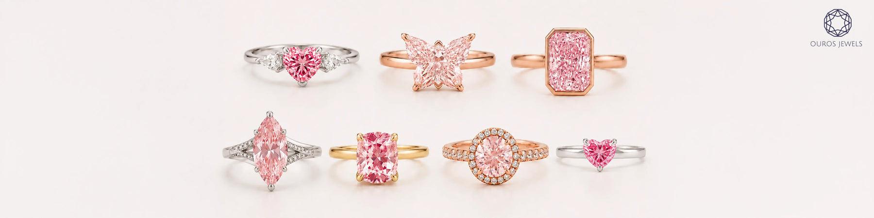 Pink engagement rings collection featuring lab diamond heart, butterfly, radiant, marquise, cushion, halo & solitaire styles in gold