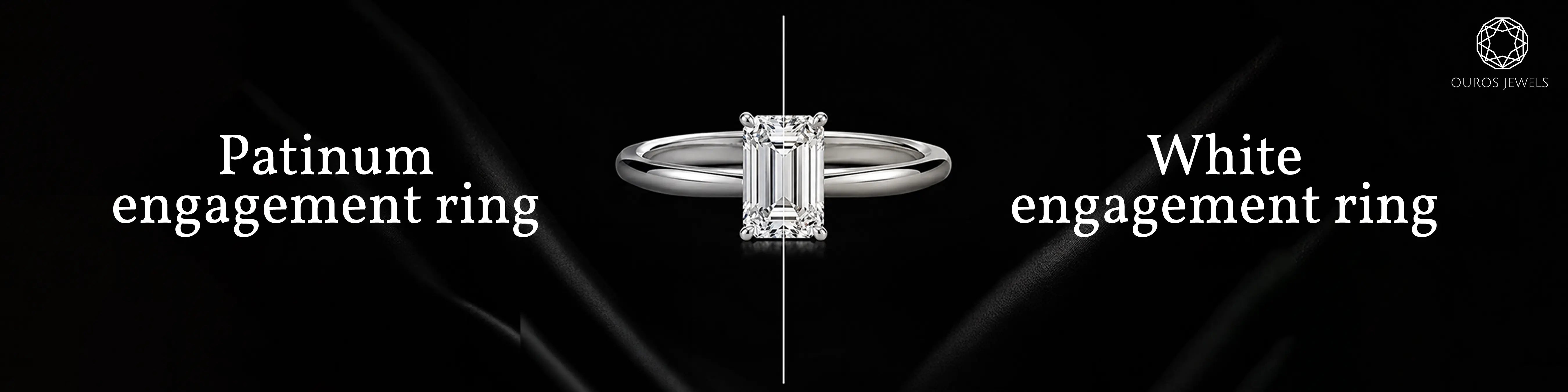 Platinum engagement ring vs white gold engagement ring side by side banner with emerald cut diamond solitaire