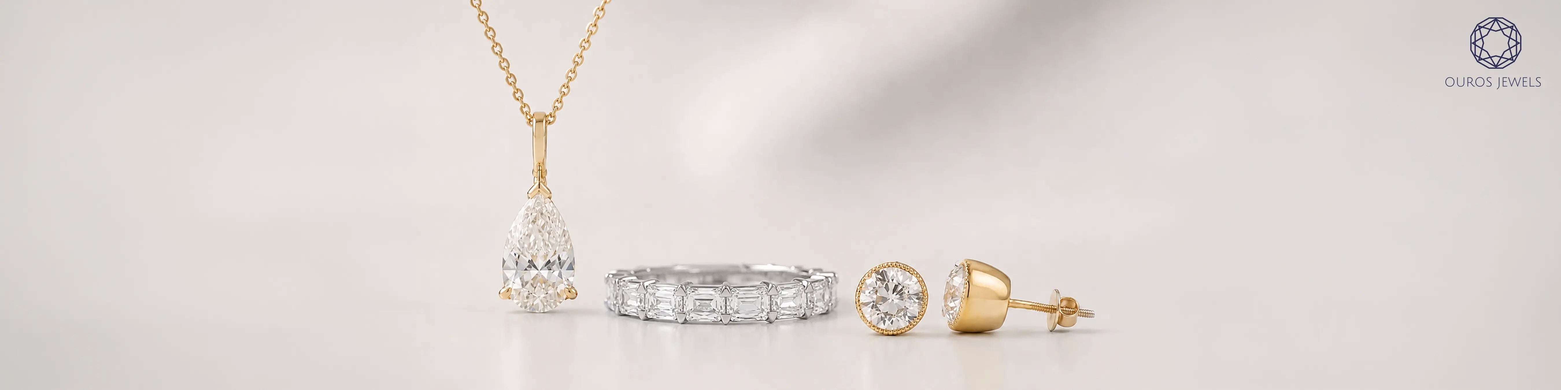 IGI-certified lab grown diamond pendant necklace, eternity band, and stud earrings in gold and platinum