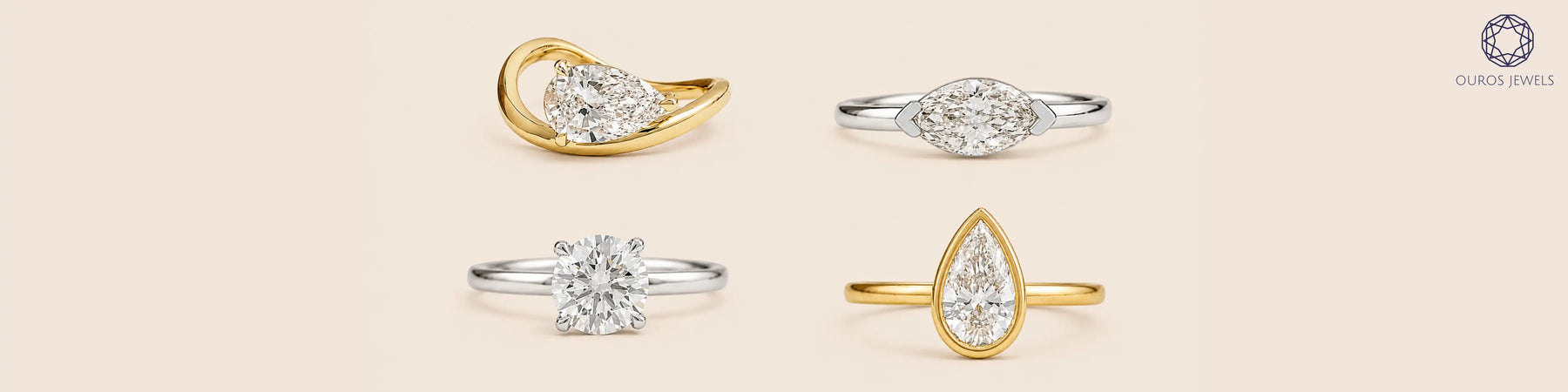 Four lab-grown diamond solitaire engagement rings under $500 – pear, marquise, round brilliant, and bezel set styles by Ouros Jewels