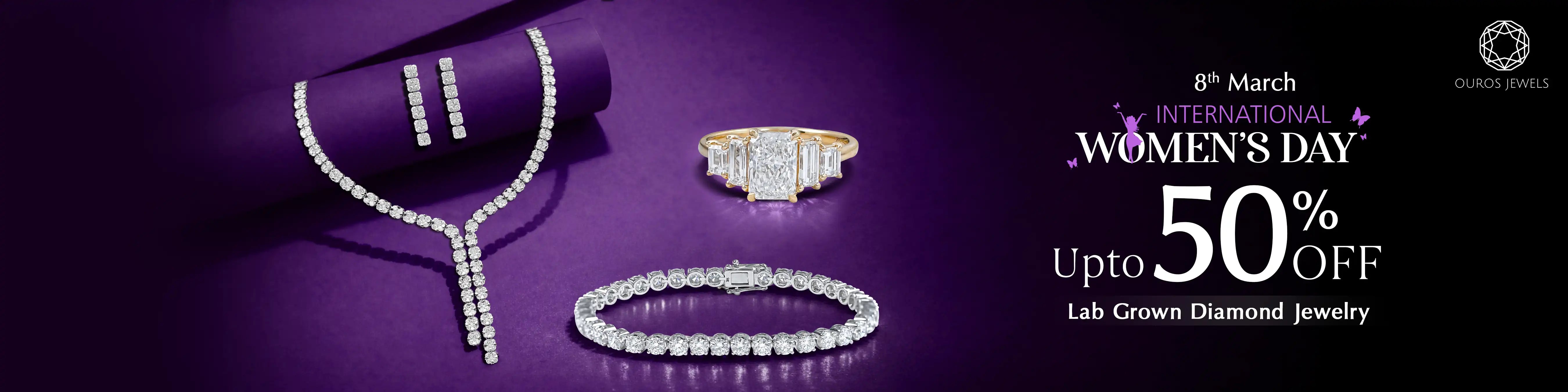 Lab grown diamond jewelry collection featuring necklace, bracelet, ring and earrings with 50% off for International Women's Day sale at Ouros Jewels