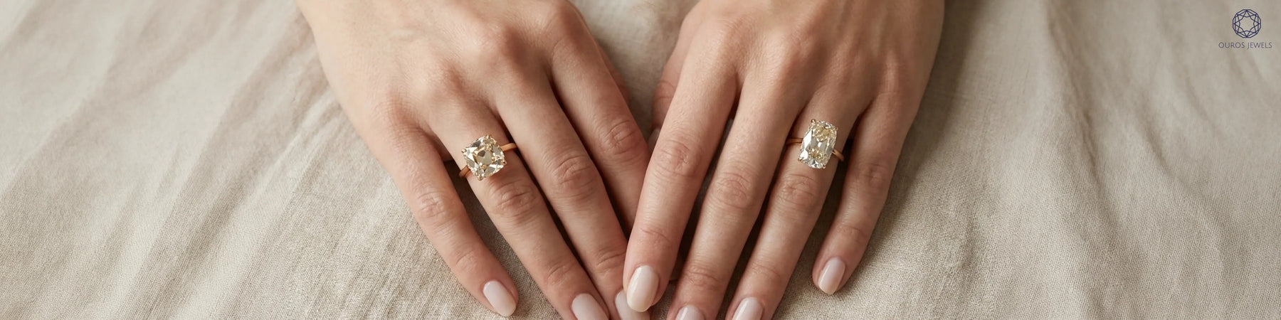 Square cushion vs elongated cushion cut diamond engagement rings on hands