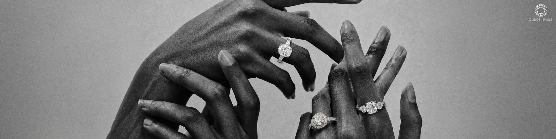 Lab grown Old Mine Cushion engagement ring styles by Ouros Jewels — cushion solitaire, round halo, and three-stone diamond rings