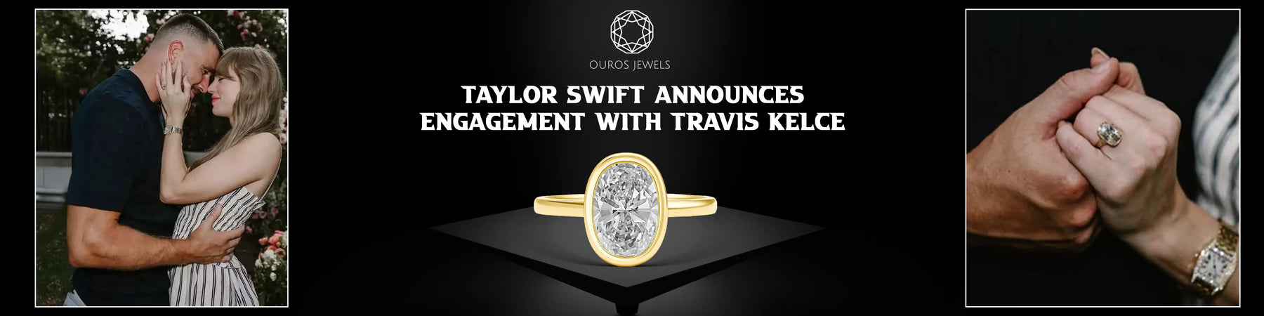Image Taylor Swift and Travis Kelce engagement announcement with a old mine cut cushion diamond ring.