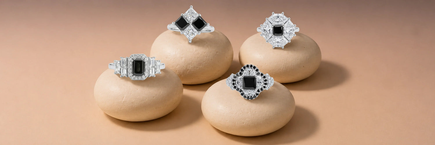 Black diamond jewelry collection featuring rings, earrings, and necklaces with black lab grown diamonds