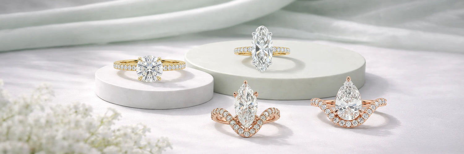 A solitaire engagement ring in a gold metal tone, featuring a lab-grown diamond with dazzling accent stones for added brilliance