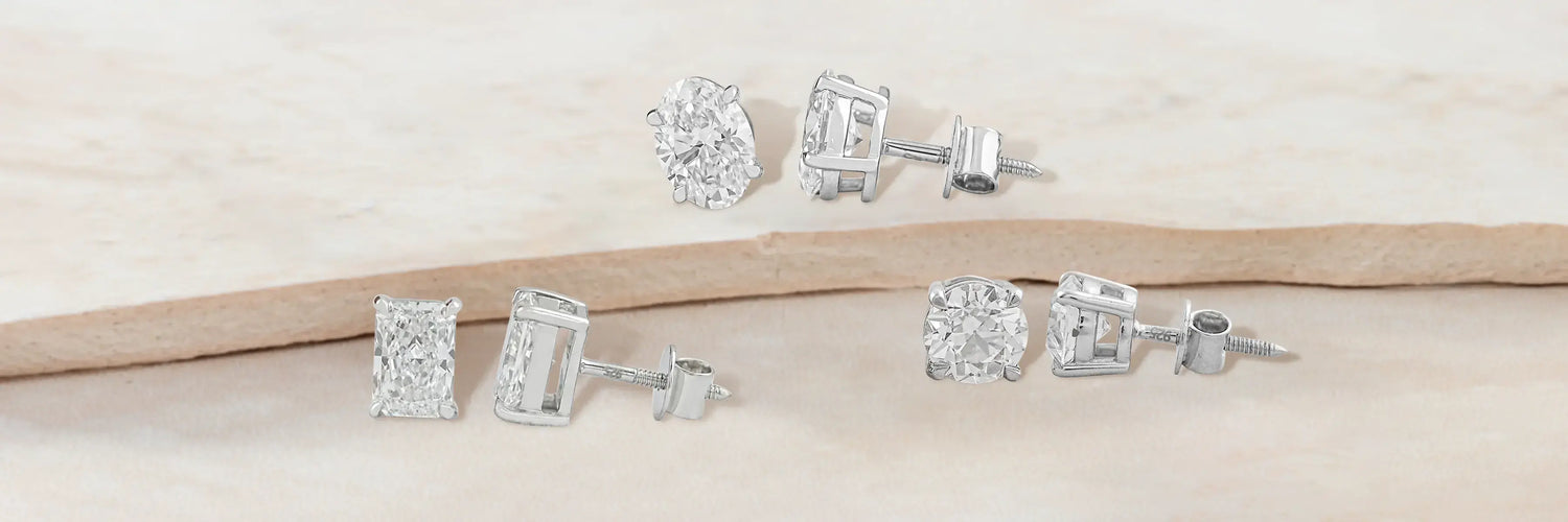 A high-quality image showcasing 3 different type of lab-grown diamond stud earrings