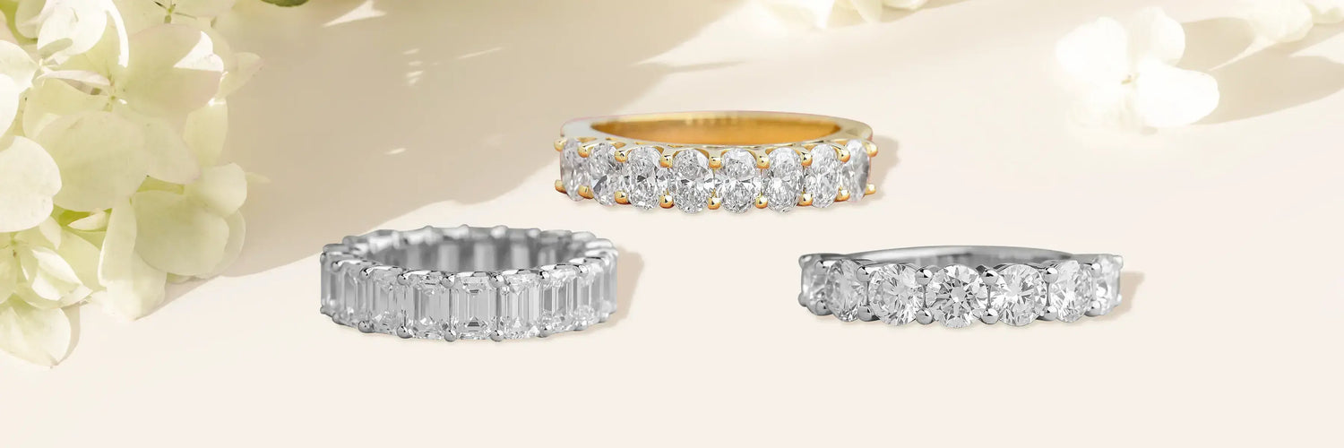 Lab-Grown Diamond Eternity Eands in oval, round, pear, emerald shape diamonds with alternative color diamond and metal options.