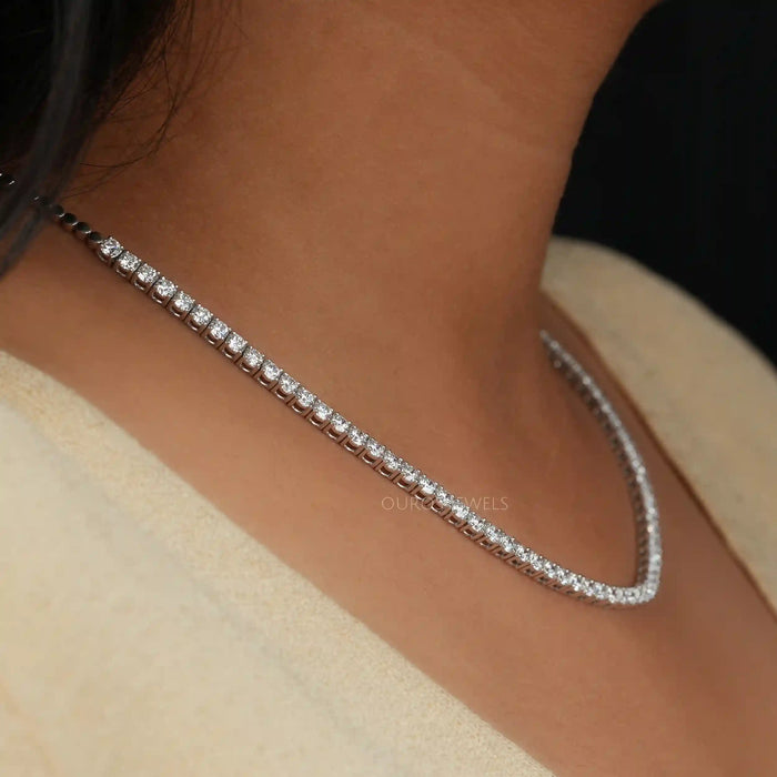 [A Women wearing Round Cut Lab Diamond Necklace]-[Ouros Jewels] 