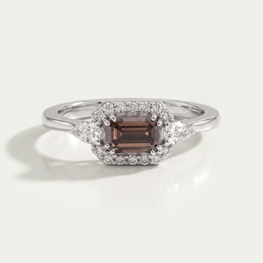 Champagne Emerald Shape Three Stone Engagement Ring