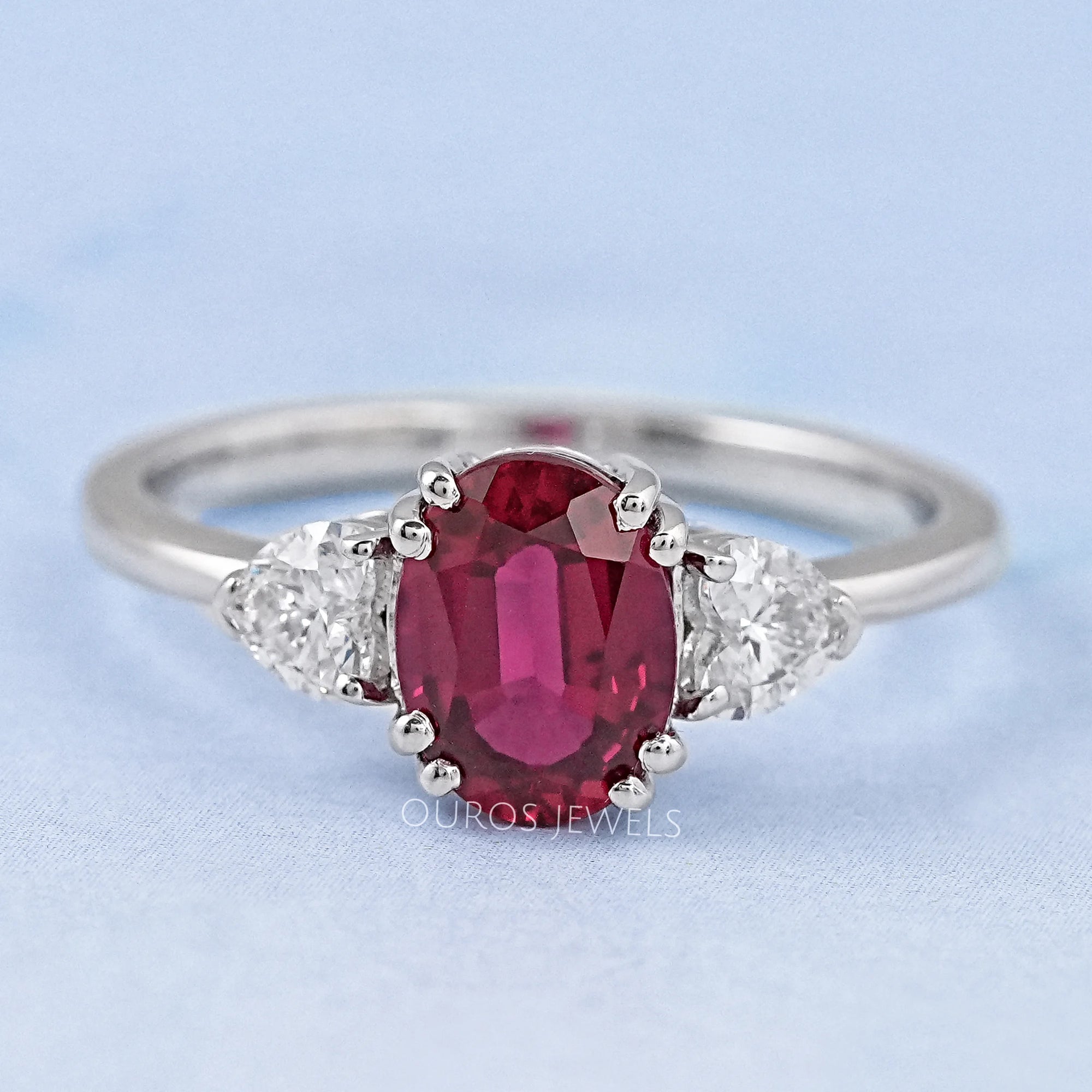 Oval Cut Red Ruby Three Stone Ring Ring