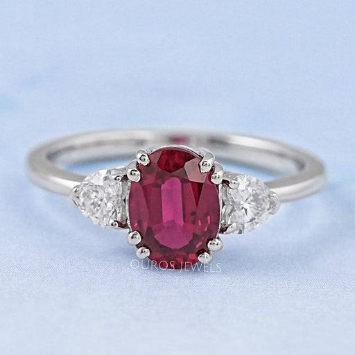 Oval Cut Red Ruby Three Stone Ring Ring