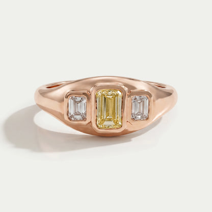 Bezel Set Yellow Emerald Cut 3 Stone Diamond Ring