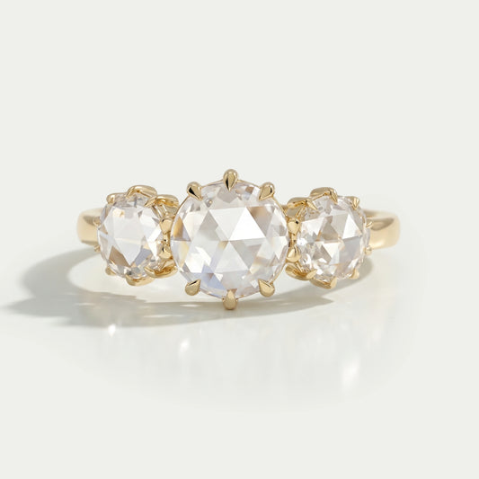 Three Stone Rose Cut Round Engagement Ring