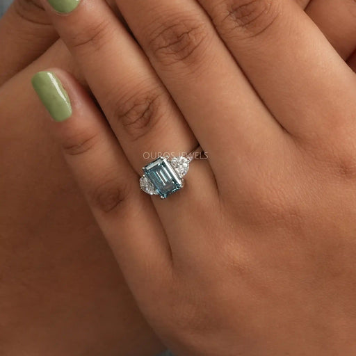 [Three Stone Blue Emerald Cut Engagement Ring]-[Ouros Jewels]