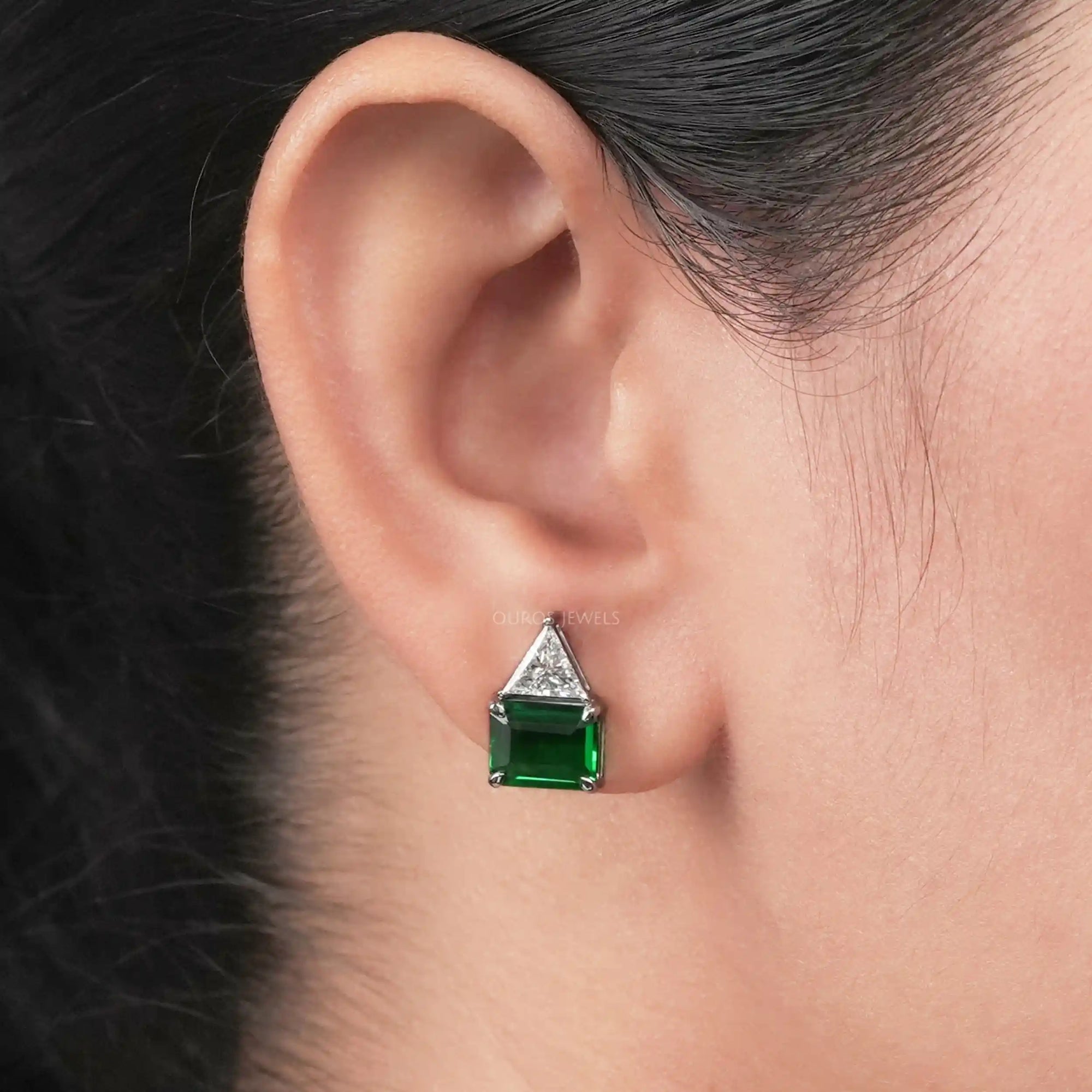 Emerald Green Gemstone and Triangle Diamond Stud Earrings Earring