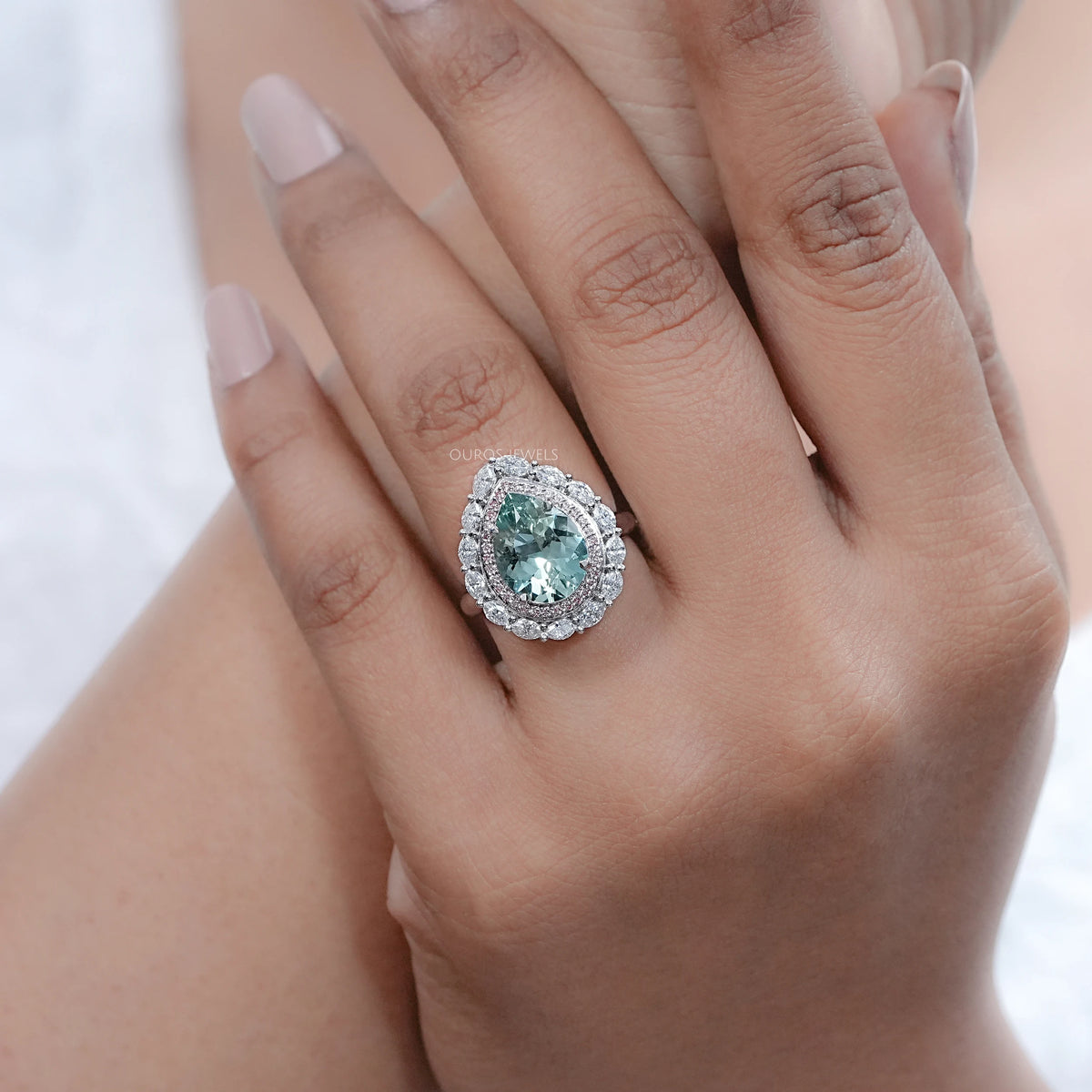 Aquamarine Pear Gemstone Double Halo Engagement Ring